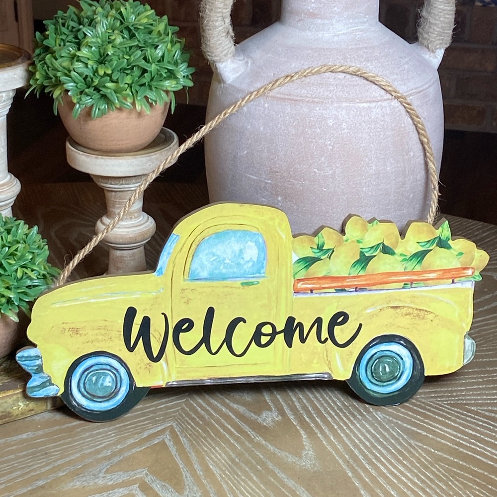 NEW! Farmhouse Yellow Vintage Farm Pick Up Truck Filled with Lemons Welcome Sign